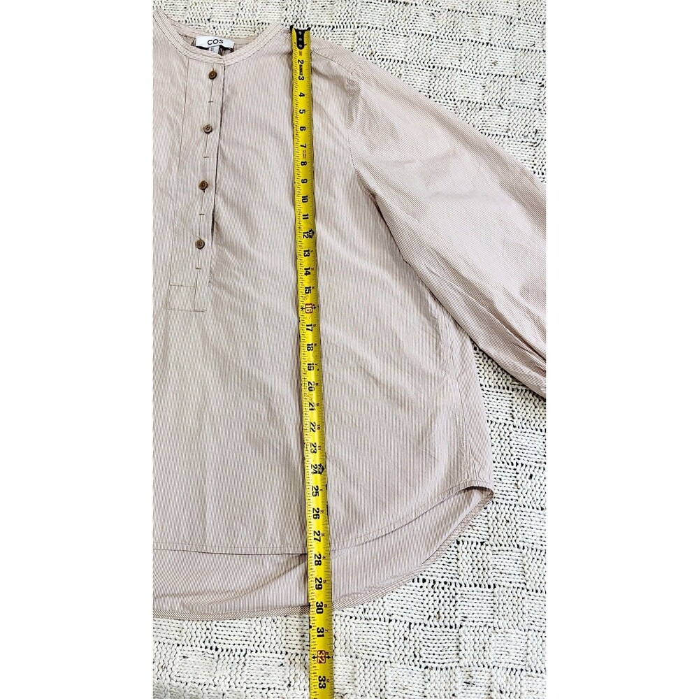 COS Women US 10 Pinstripe Cotton Tunic Blouse Balloon Sleeve Oversized Beige - Picture 8 of 10